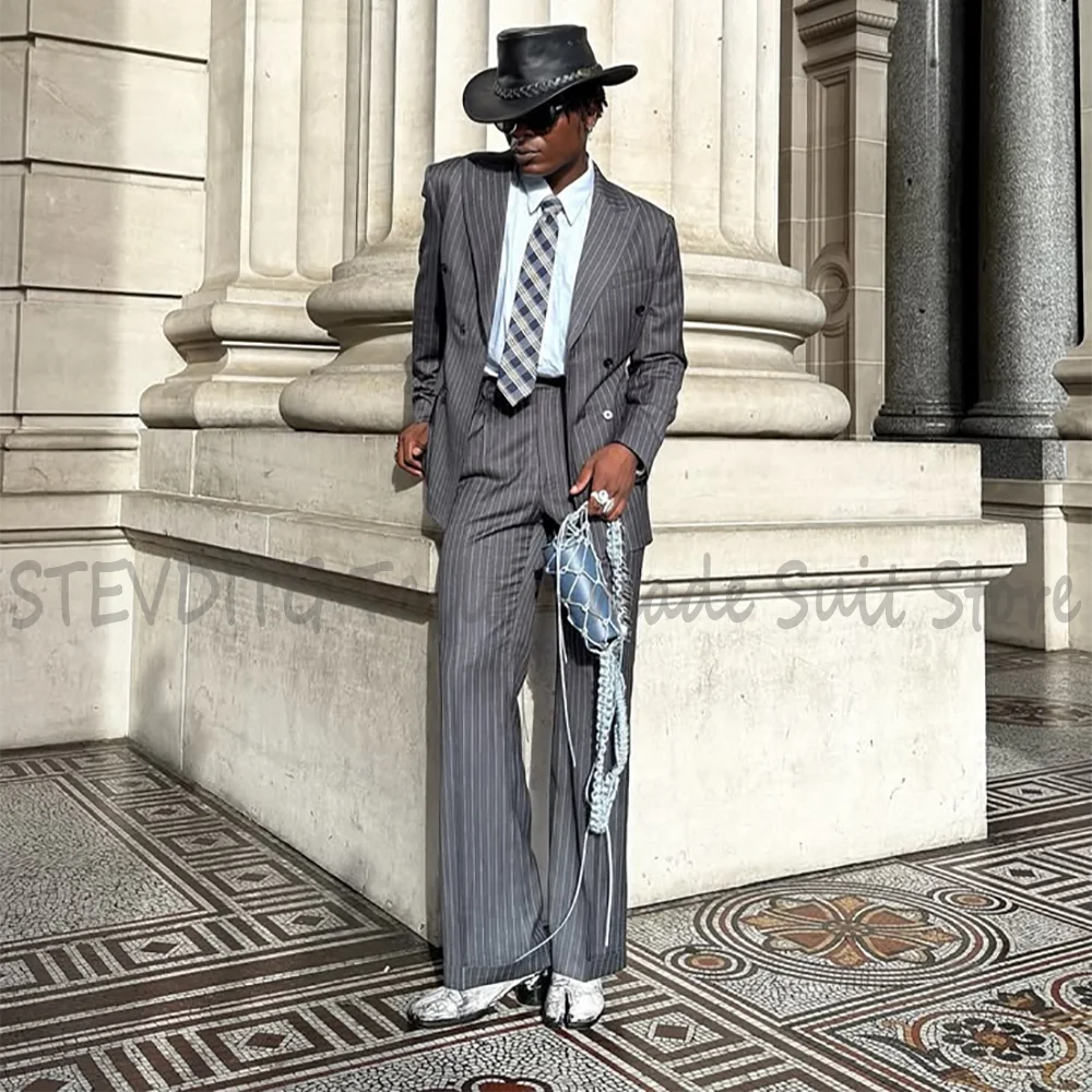 High Street Style Men Suit High Quality Double Breasted Striped Jacket Pants Double Split Business Casual Formal Outfit Male Set