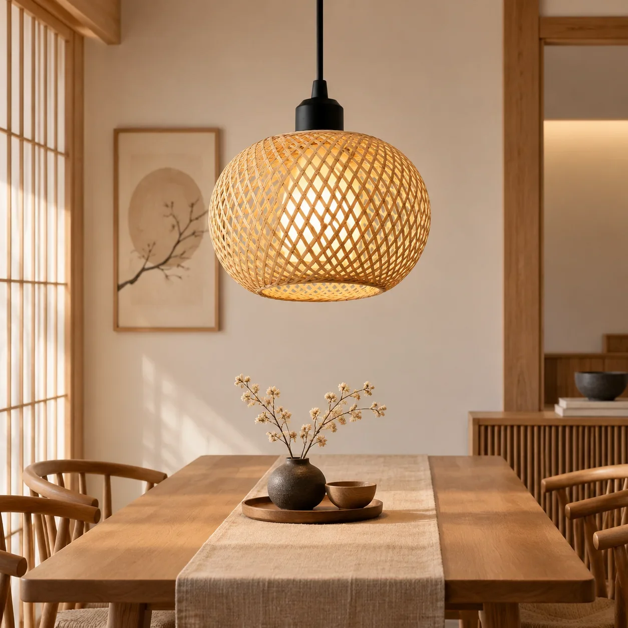 JOYIHNLED Boho Rattan Pendant Chandelier, Hand Woven Wicker Hanging Light Fixture for Kitchen Island Dining Room Bedroom Decor