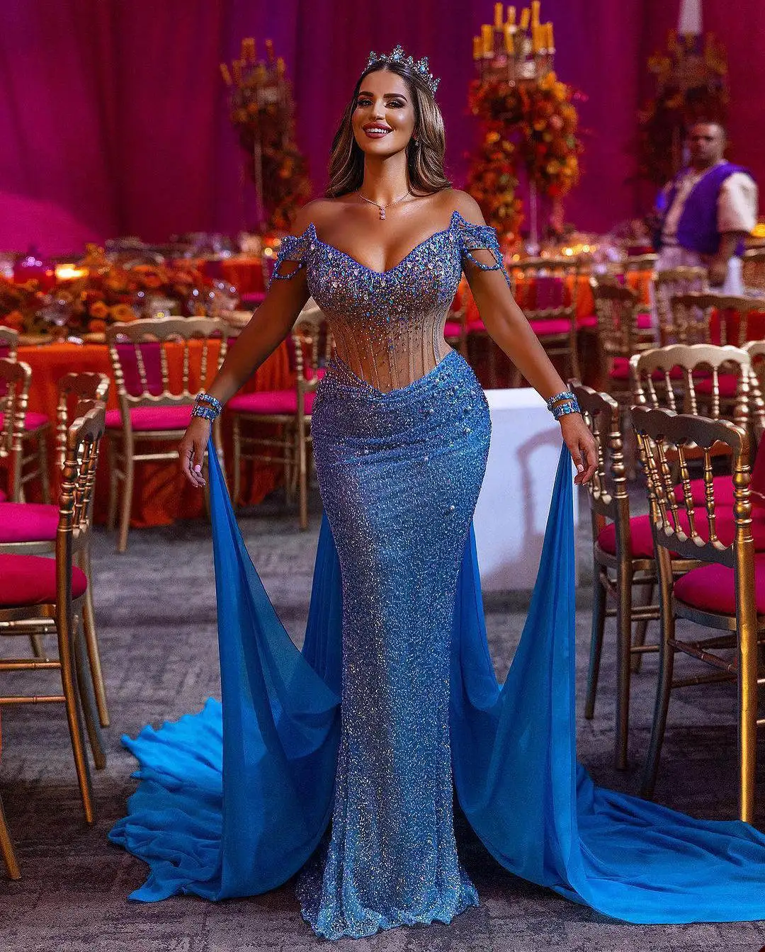 Luxe pailletten zeemeermin galajurken off-shoulder mouwloze overrok avondjurken kralen kristal feest op maat