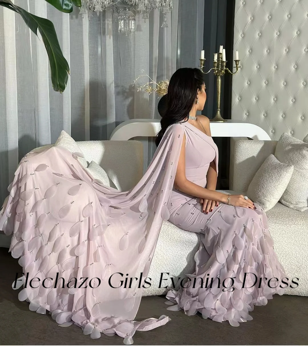 Flechazo Pink Chiffon Evening Dresses One Shoulder Beaded Leaves Formal Elegant Party Gown For Women 2024 vestidos para mujer