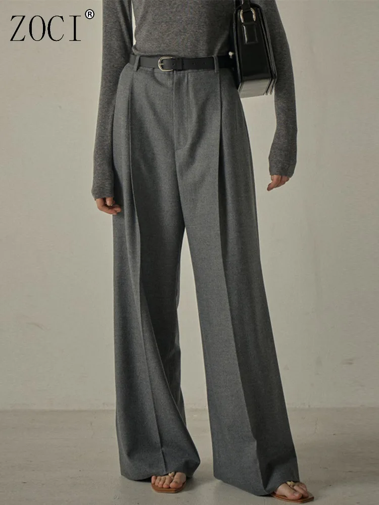 

ZOCI Pleated Suit Pants For Women Solid Color Minimalism Trousers Female Wide Leg Straight Pants Office Lady Fashion Clothing