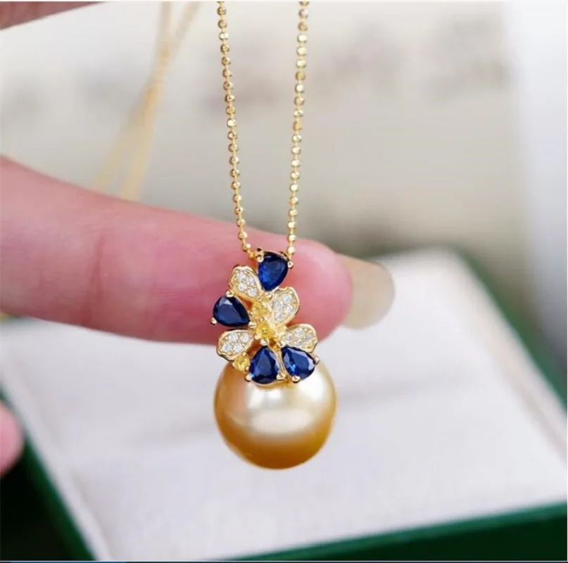 

18" 10-11mm 9-10mm Natural South Sea Genuine Black Gold Perfect Round Pearl Necklace Pendant