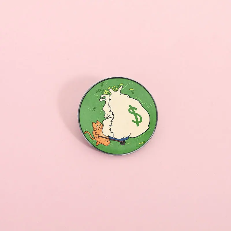 Fun and Bizarre Money Catching Kitten Money Bag Badge American Cartoon Dollar Symbol Alloy Brooch