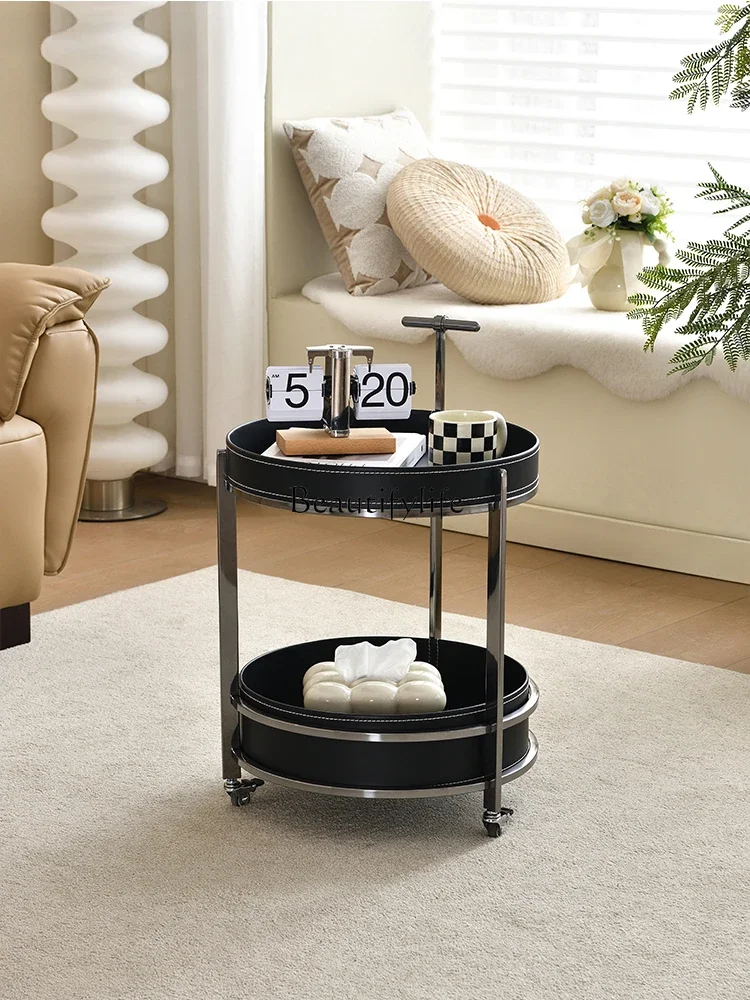 

Movable sofa coffee table with wheels living room household round stainless steel saddle leather small coffee table