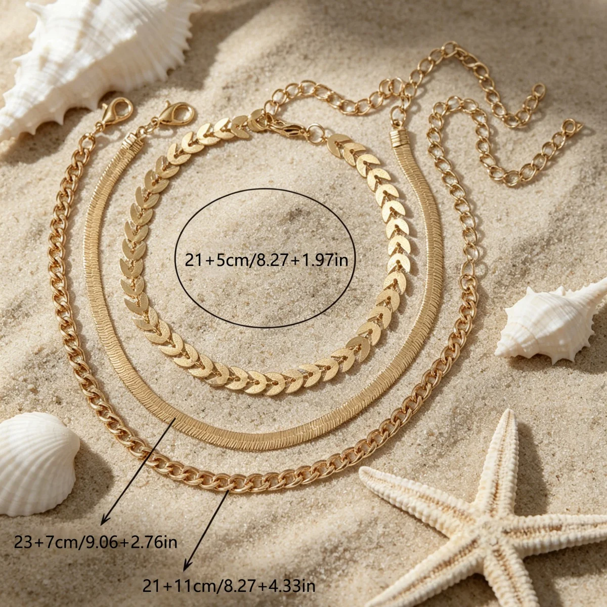 3 Pcs/Set Flat Snake & Wheat Ear Chain Combined Ankle Jewelry, Minimalist Trendy Unique Personal Fashion Accessories