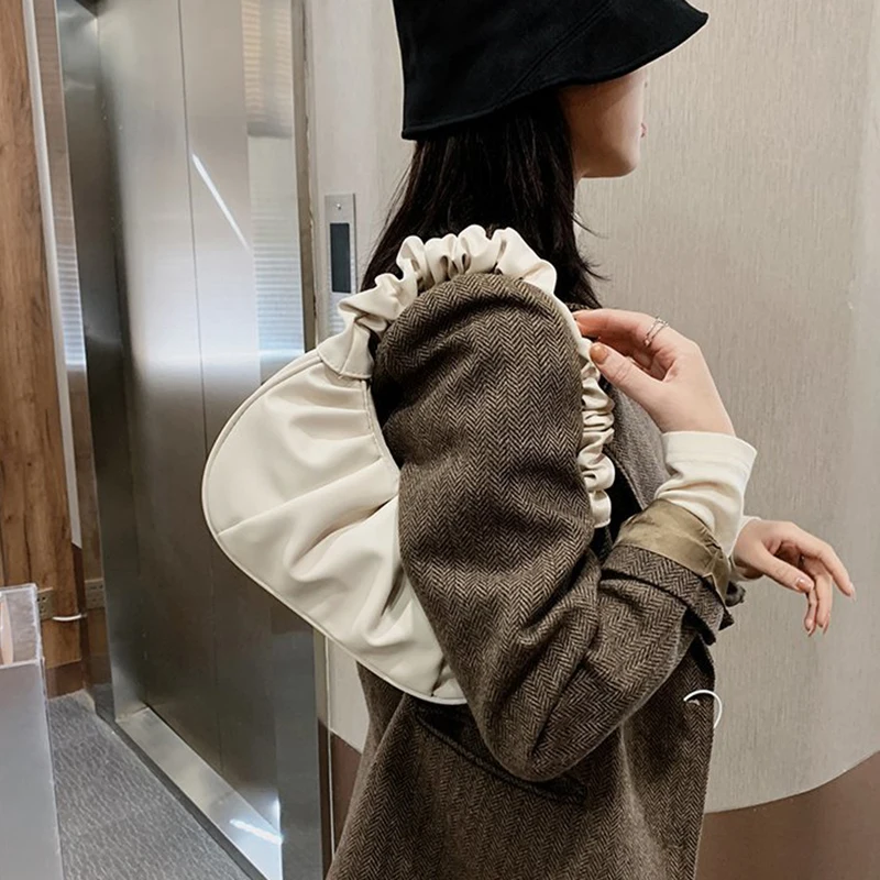 Fashion PU Cloud Bags Leisure Armpit Bag Pleated Handlebags For Women Shopping Shoulder Bag Dumpling Handbag Female Hand Bag