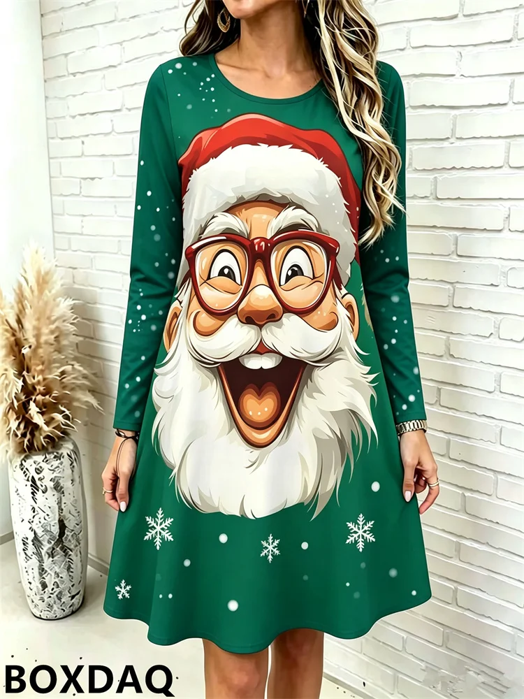Women's Fashion Autumn/Winter Christmas Dresses 2027 Casual Round Neck Long Sleeve Fun Santa Claus Pattern Printed Loose Dress