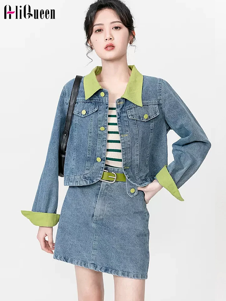 

Fall Spring Women Vintage 2 Piece Set Casual Patchwork Short Denim Jackets Coat + High Waist Mini Skirts Sets with Belt Outfits
