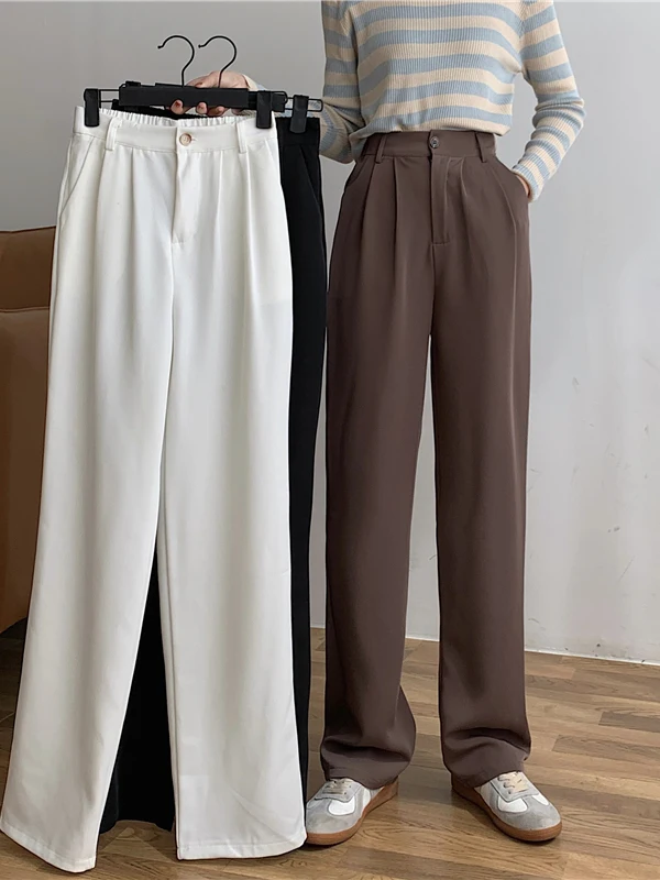 

Брюки с высокой талией и широкими штанинами, женские повседневные брюки прямого кроя в корейском стиле, модные весенние длинные брюки из смесовой хлопковой ткани