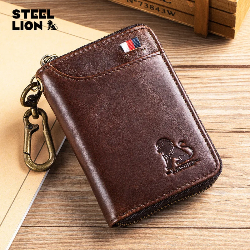 Leather car key bag men hanging waist access guard against theft brush cowhine-based 2-in-1 change storage key bag