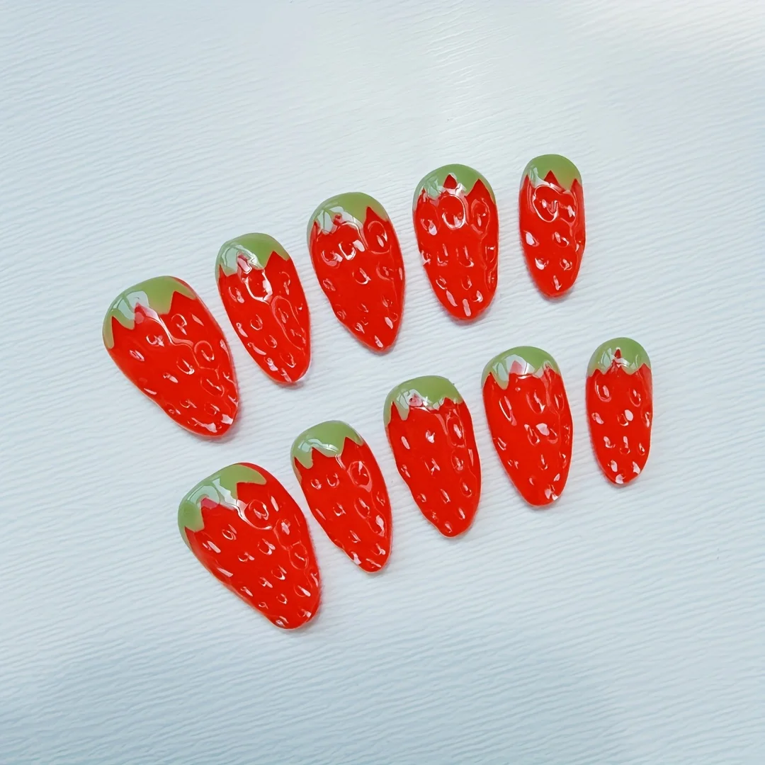 10pcs high-end Short stereoscopic white temperament gradient handmade fake nails, Artificial three-dimensional jelly strawberry