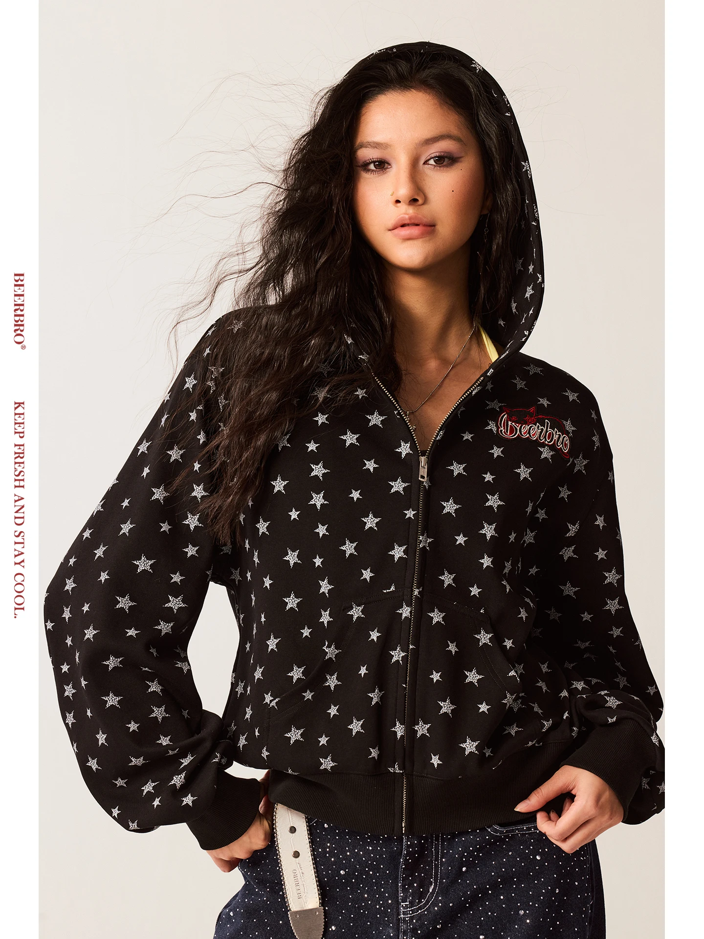 

BeerBro Retro Wave ort Loose Fit Sweatirt Jaet Women's Cotton Polyester Blend Hooded Zipper Closure Long Sve Sweatirt