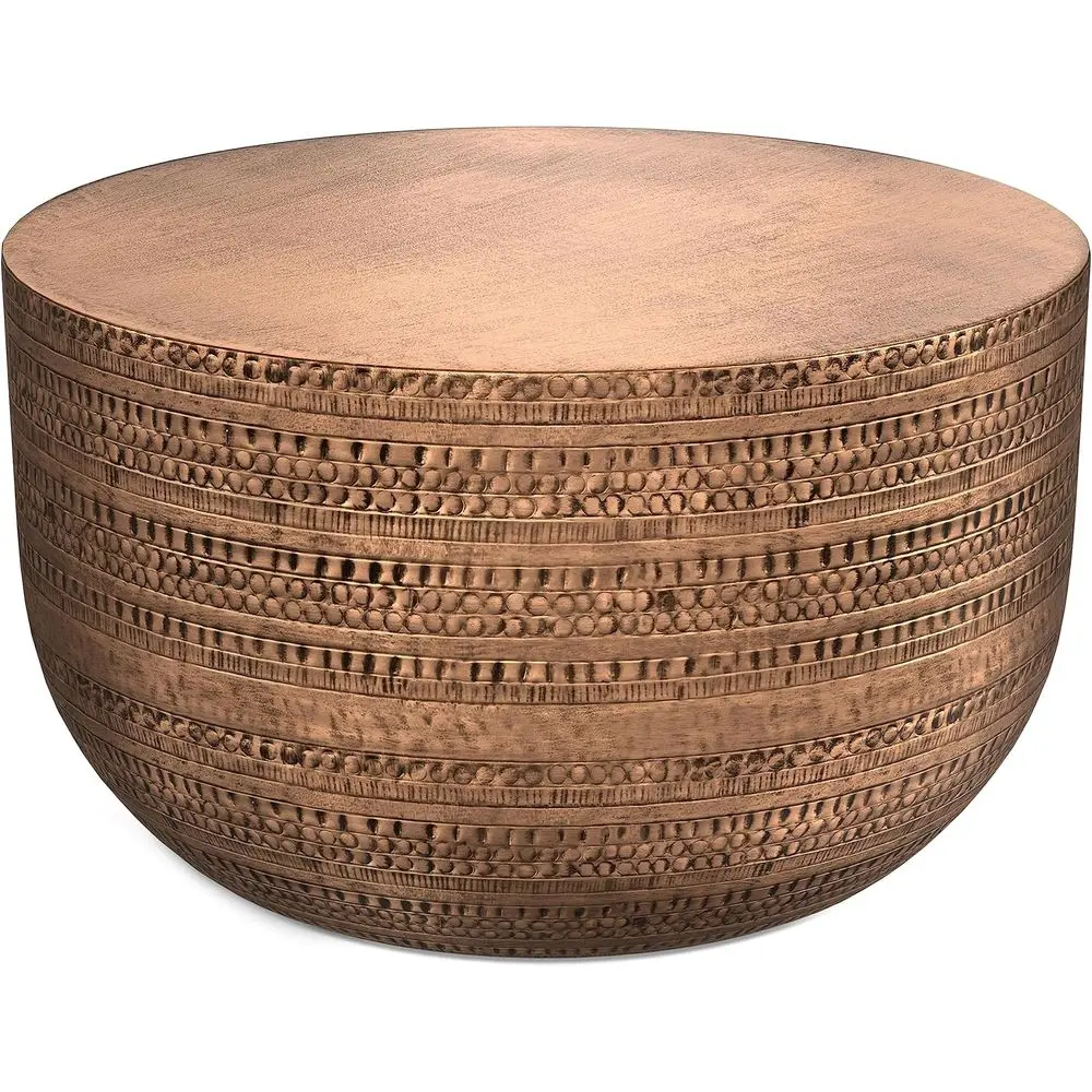 

Joen Metal Coee Table - 30 inch Wide Solid Metal Round Drum Accent Table in Antique Copper, Boho Coee Table or Living Room or Be