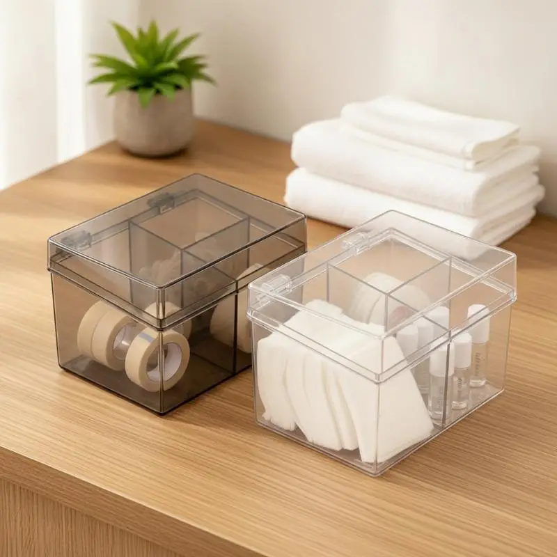 Transparenter Kunststoff-Aufbewahrungsorganizer mit 3 Fächern und staubdichten Klappdeckeln für die Aufbewahrung von Wattestäbchen, Haaraccessoires und kleinen Gegenständen im Badezimmer. – Detail 18