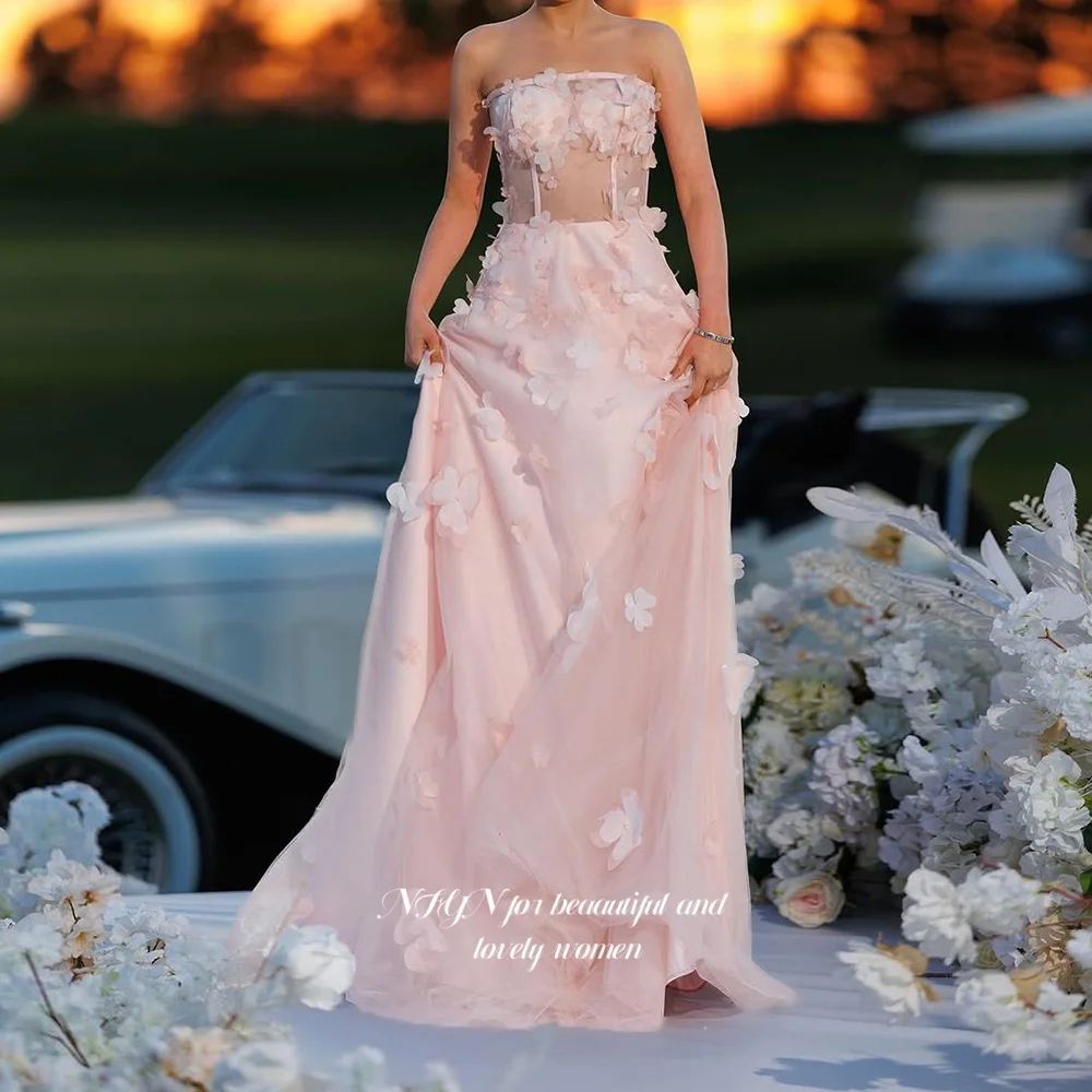 Vestido de princesa floral NFYN Vestidos de fiesta sin tirantes de color rosa Vestido de fiesta de una línea Flores 3D chter Personalizado