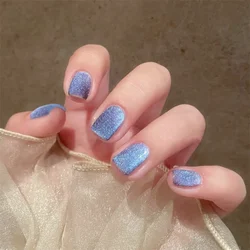 24P/set Flat Short French False Nails Artificial Acrylic Press on Nails Art Supplies Removable Blue Cat Eye Gradient Fake Nail