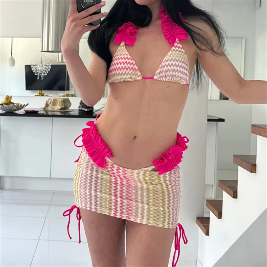 Mit Rock, gewelltem, gerüschtem Bikini, Damen-Badeanzug, Damen-Badebekleidung, dreiteiliges Bikini-Set, Badeanzug, Badebekleidung, Schwimmanzug V5235 – Detail 23