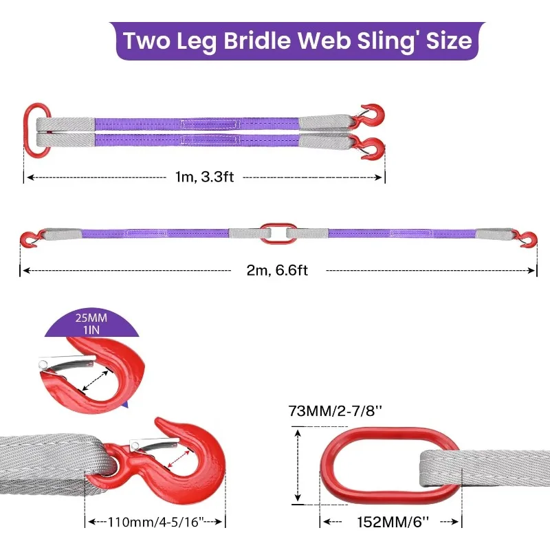 Professional Lifting Straps Polyester Slings Two Leg Rigging Set With Hooks 4400 Pounds Capacity Crane Hoist Hardware Tool