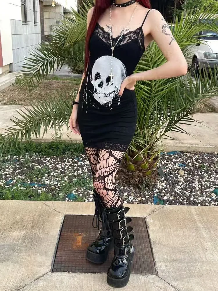 AltGoth Dark Gothic Skull Printed Dress Women Streetwear Cyber Punk Y2k  Grunge Lace Patchwork Spaghetti Strap Sexy Dress Female - AliExpress  200000345