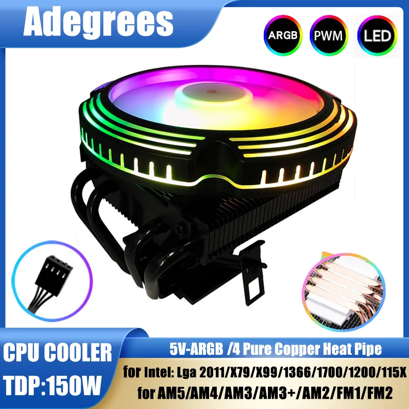 

Adegrees 4 Heatpipes ARGB CPU Cooler 4PIN PWM 120MM CPU Fan For Intel LGA 1366 1150 1151 1155 1156 1700 2011 X79 X99 AM3 AM4 AM5