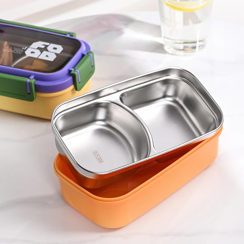 JUSTINLAU 2 Grid Bento Box Stainless Steel Lunch Container Sandwich Snack Fruits Salad Food Storage Box Home/Office Tableware