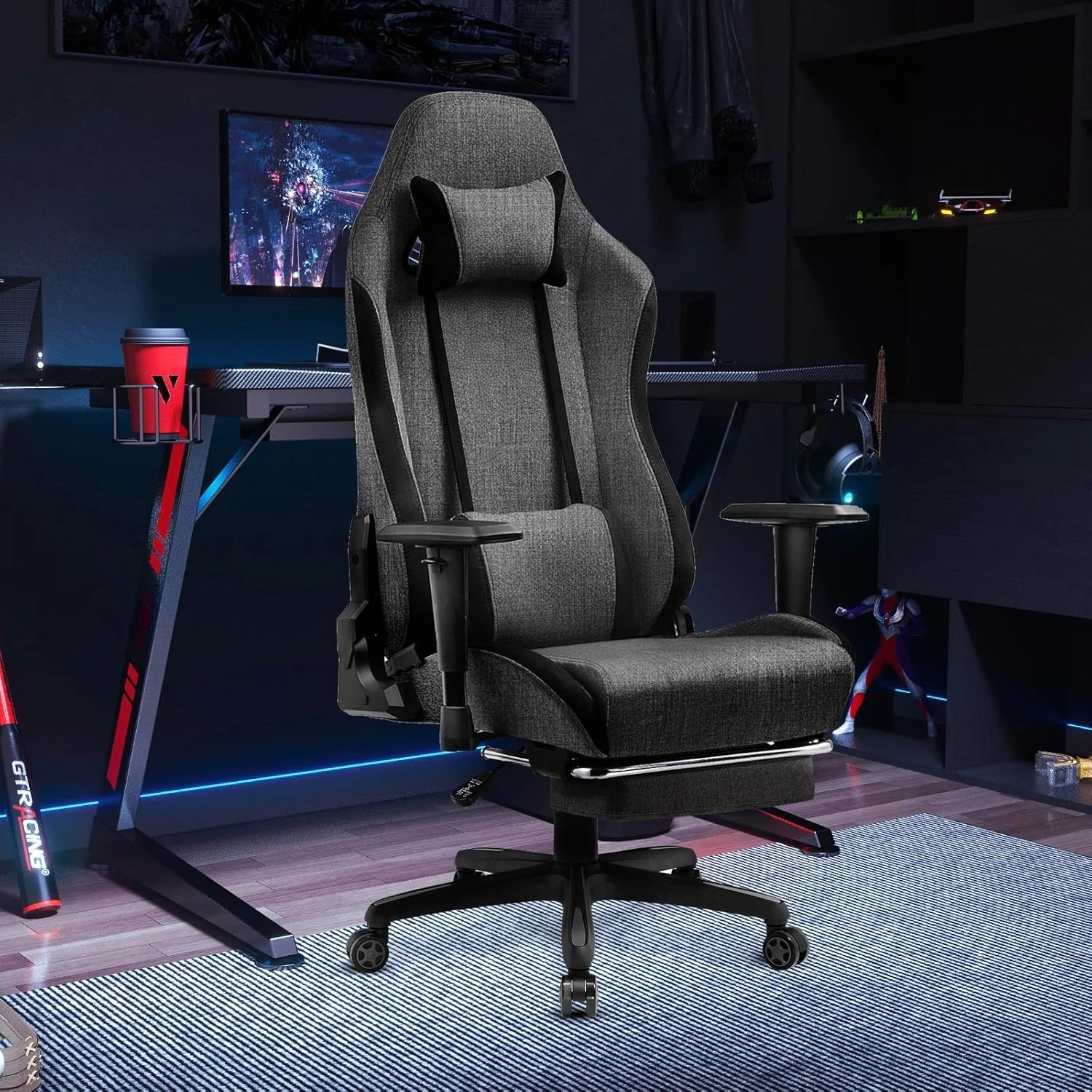 

Игровое кресло с подставкой для ног, эргономичное офисное кресло с дышащей тканью, 3D-подлокотниками, 170 ° Кресло для компьютерных игр с откидной спинкой