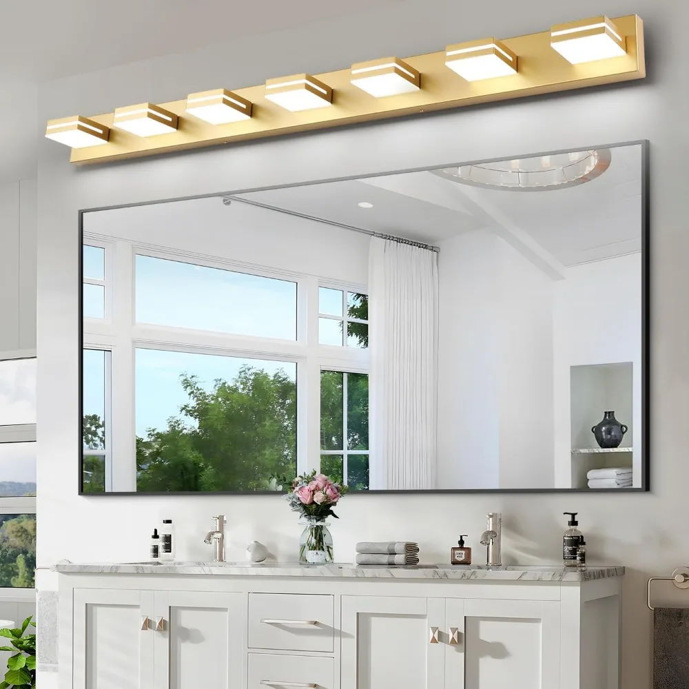 Lámpara LED moderna para tocador de baño (7 luces, 55 pulgadas), lámpara de espejo de pared de baño acrílica moderna dorada