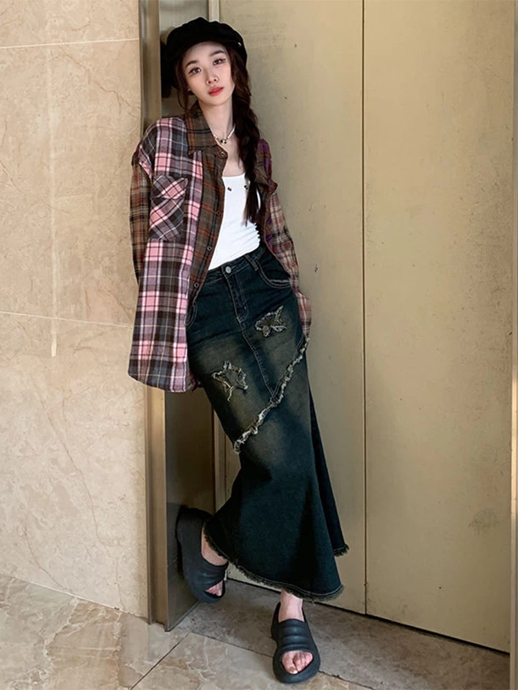 Star Embellied Distred Denim Fi Tail f Rok Dames Lente Zomer Nieuwe Amerikaanse Retro Pittige Meisje Bodycon Middellange lengte...