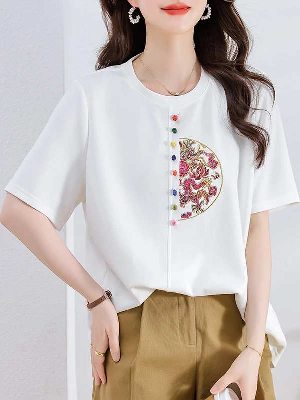 

Новая китайская повседневная круглая женская футболка свободного кроя с тяжелой вышивкой из бисера и декоративными пуговицами Ne ort Sve...