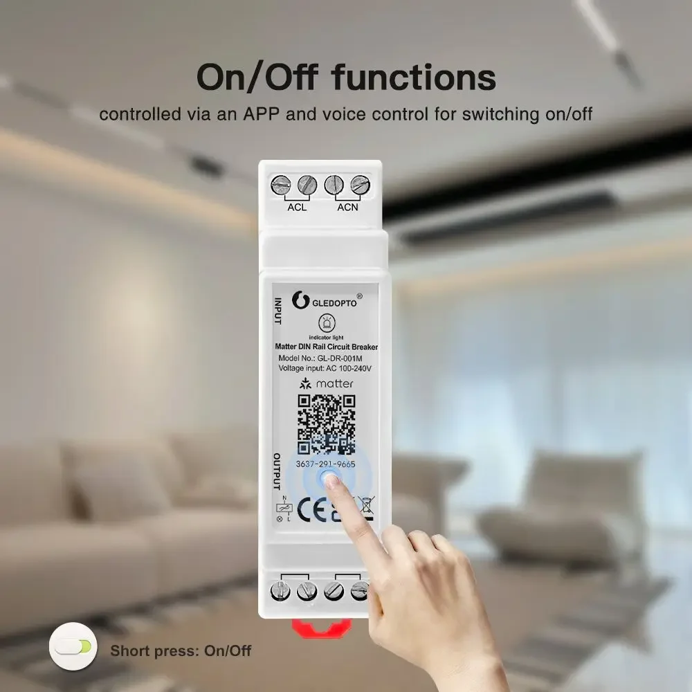 GLEDOPTO Matter Din Rail Relay Switch ON OFF Function WiFi App Voice Control 16A Max Housekeeping Appliance  GL-DR-001M