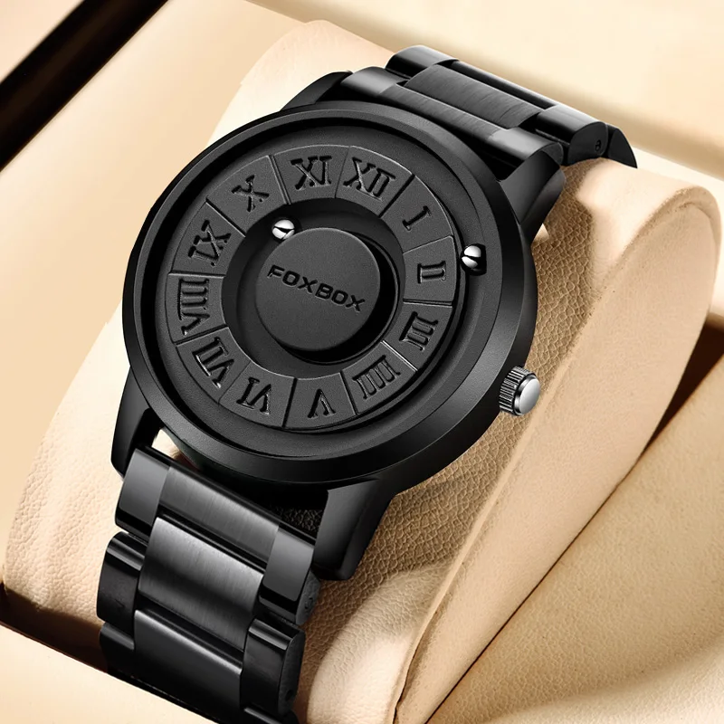 FOXBOX Mens Watches Creative Scrolling Pointer Magnetic Force Quartz Wristwatch Stainless Steel Watch Man Relogio Masculino+Box