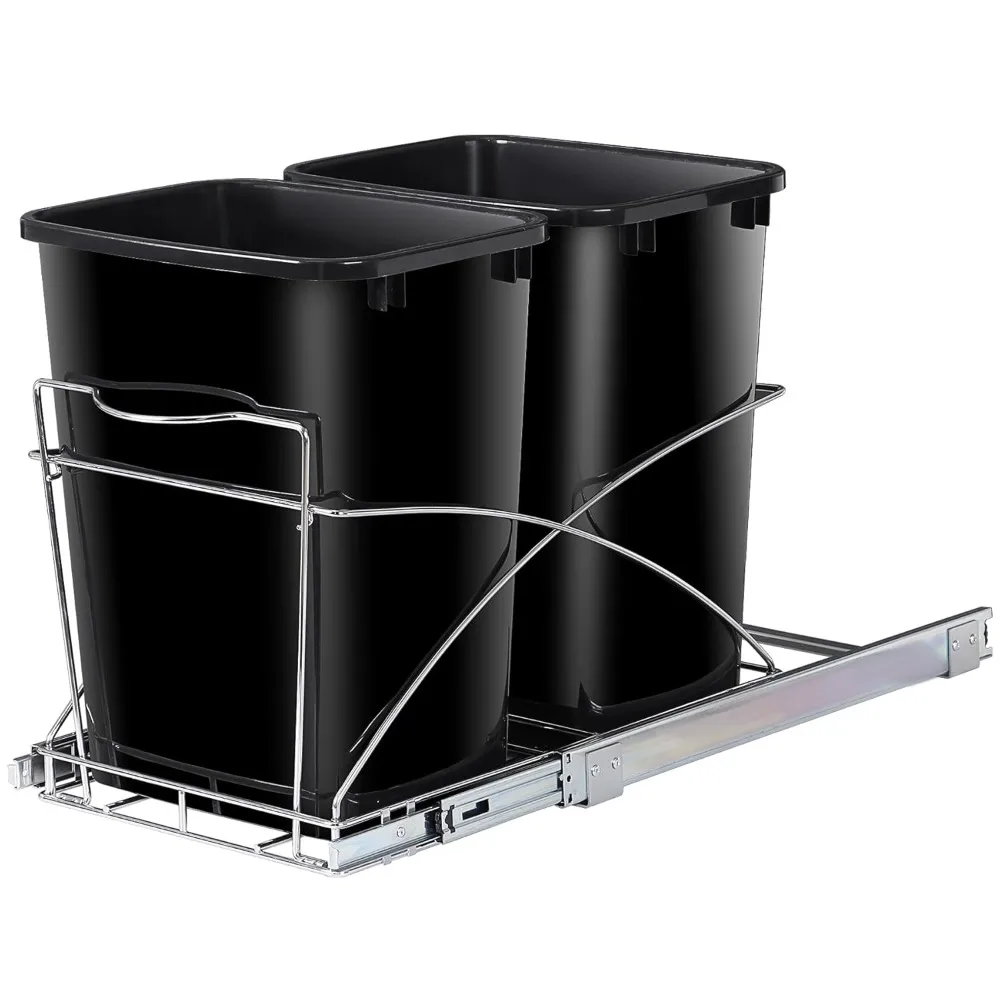 

Double 35-Quart Pull Out Trash Can Under Cabinets Under Sink Garbage Sliding Waste Bin Container Recycling Bins with Chrome Wir