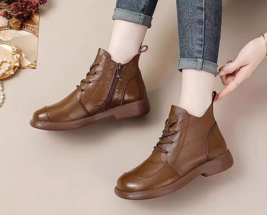 Maggie's Walker Women Fashion Genuine Leather Winter Mid-calf Boots Women Side-Zipper Smooth Leather Ankle Boots Size 35-41