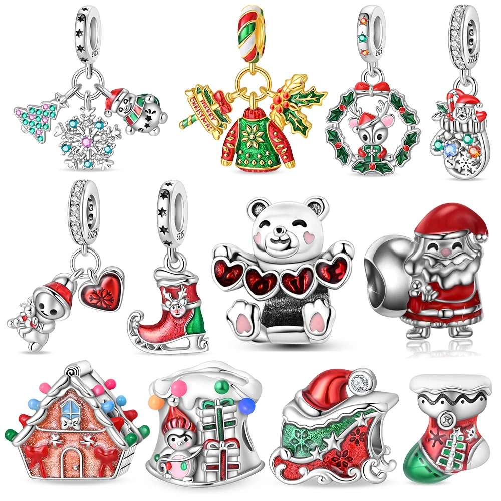 Favorite 925 Sterling Silver Santa Claus&Snowman&Sled&Socks&House&Bear&Elk Charm Fit Brand Bracelet Holiday Gift Jewelry