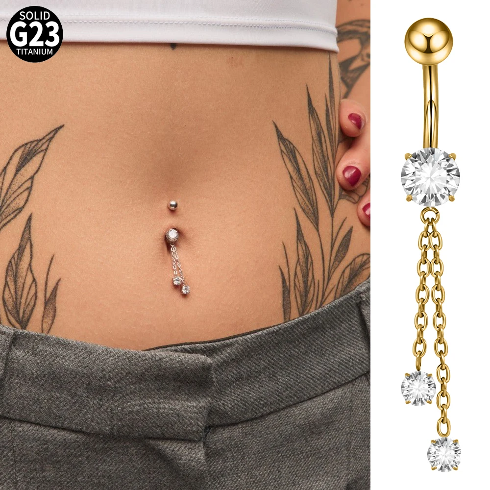 1PC G23 Titanium Dangle Chain Belly Button Piercing Curved Barbell Navel Rings Internal Thread Belly Button Piercing Jewelry 14G