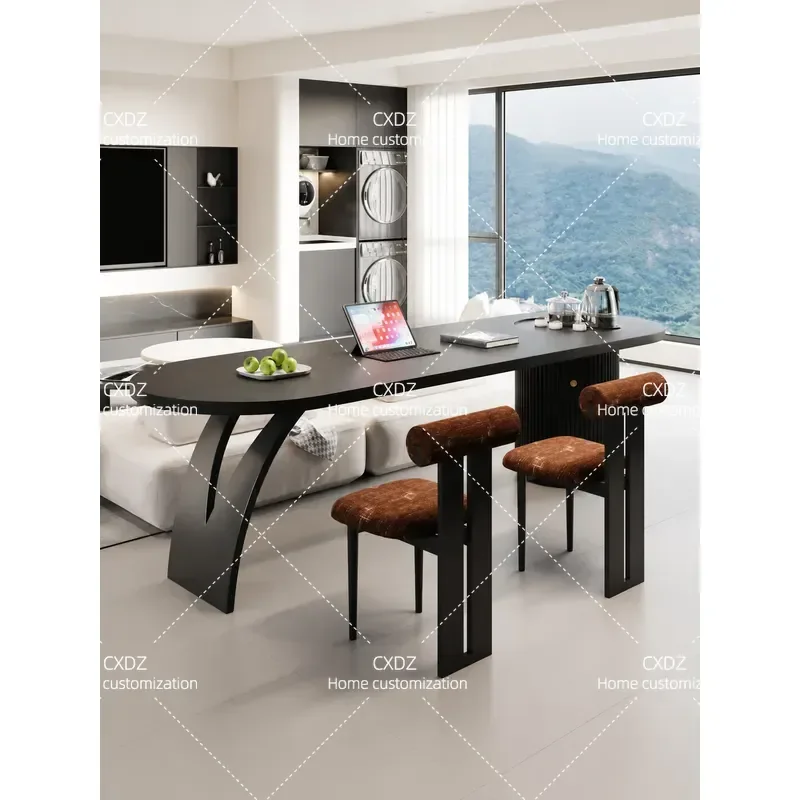 Black Solid Wood Oval Desk Tea Table with Integrated Kettle Tray for Living Room Sofa Back Long Table Horizontal Hall