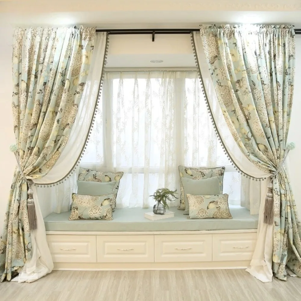 

American Countryside Pastoral Printed Semi-Sheer Curtains for Living Room Blend Window Floor To Ceiling Custom Made Drapes