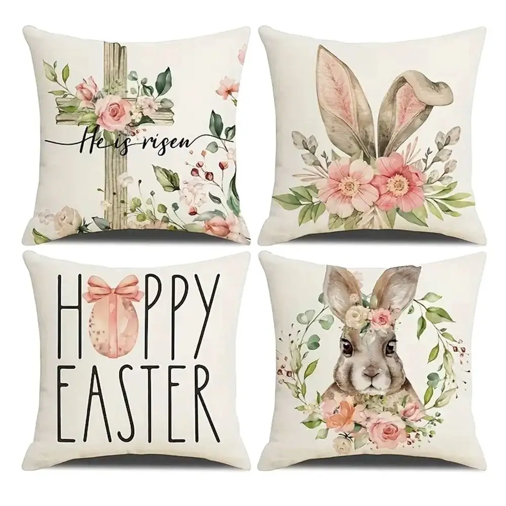 Rabbit Easter Eggs Easter Cushion Cover Linen Printed 45x45cm Sofa Pillowcase Soft Square Decorative Easter Pillow Case