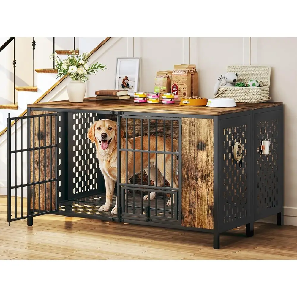 

Sturdy Dog Crate for Large Breeds, Hook Included, Rustic Brown, Suitable for Indoor Use and High Anxiety Dogs