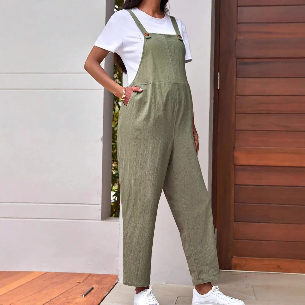 

European & American Style Maternity Bib Pants - Summer Casual Pockets Adjustable Waist Loose Overalls for Pregnant Women