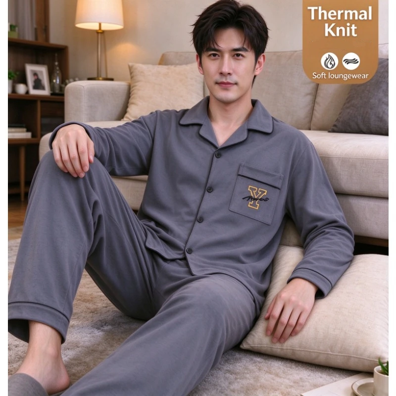 Embroidery Letter Fashion Men Sleepwear Large Size Autumn Winter Warm Vintage Homewear Suit Soft Casual Oversized Pajamas Set