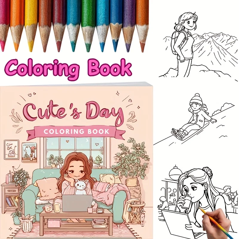 

28 Pages Cute Girl's Day Coloring Book for Adult Stress Reduction | Colouring Book for Stress Relief and Mood Reduction