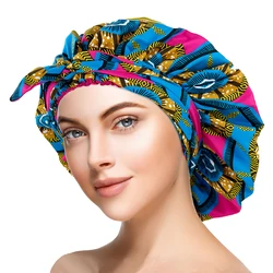 Gorro de satén con estampado africano de gran tamaño con envoltura de cinta larga, diadema de doble capa con patrón de Ankara, cubierta para el cabello para mujer, gorro envolvente para el cabello