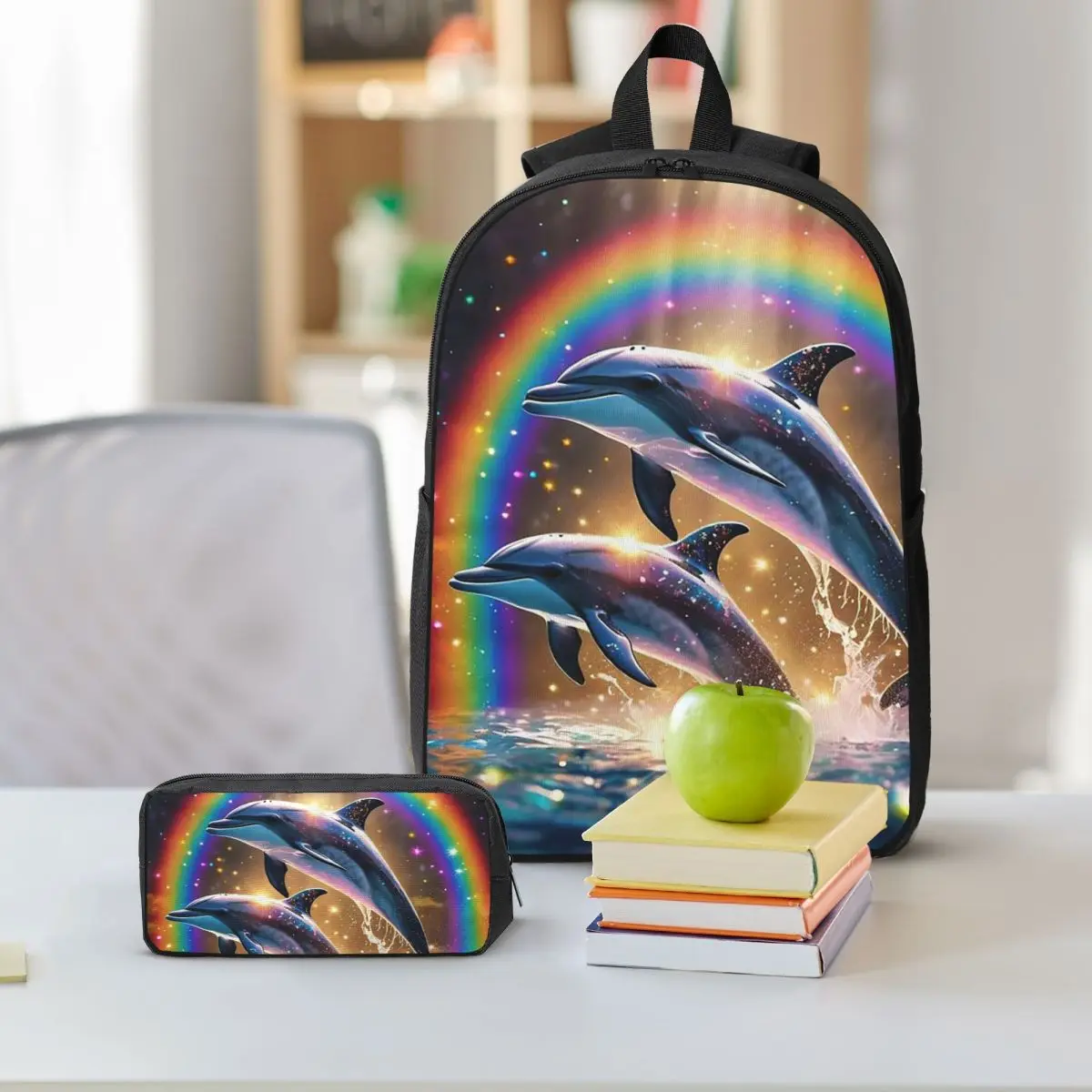 Sunset Dolphins Dancers Sea Creature Dolphin Backpack BookBag School Bag Shoulder Bags 3ps Insulated Lunch Bag Pencil Case