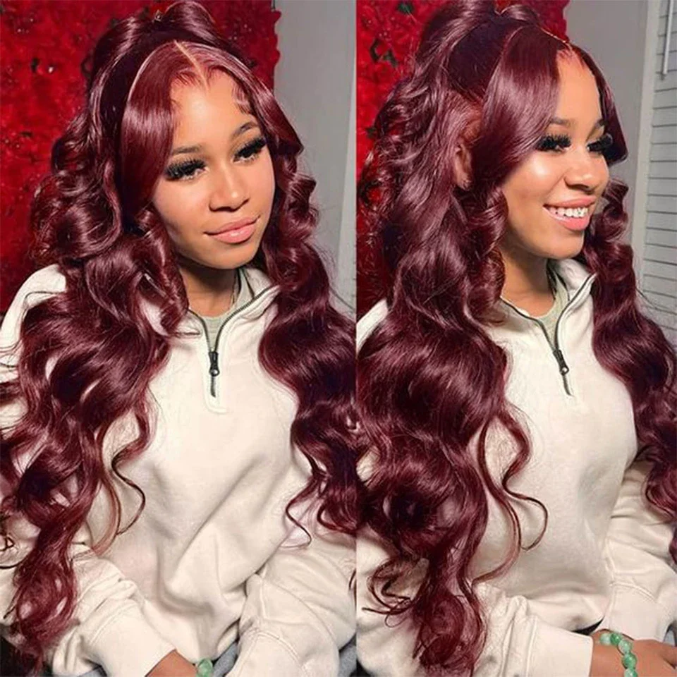 200 Density 99j Burgundy HD Transparent Lace 13x4 13x6 Full Frontal Lace Preplucked Colored Body Wave Frontal Wig Human Hair Wig