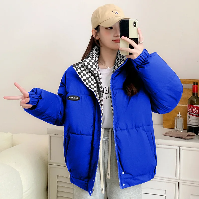 2023 Winter New Checkerboard Down Cotton Coat Women\'s Loose Standing Neck Short Cotton Coat Cotton Coat Thickened Bread Coat