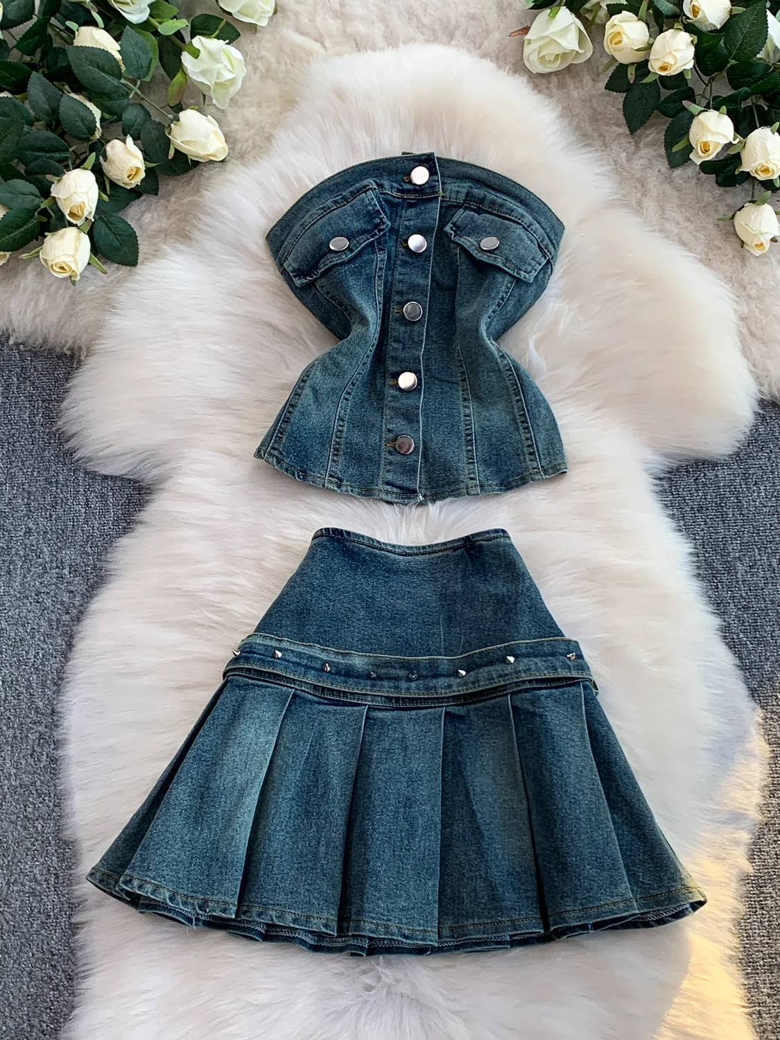

Sexy American Girl Sle Godd Ele ort Skirt And Vest Set High Waist Button up Slim Fit Denim Pleated Top And Bot