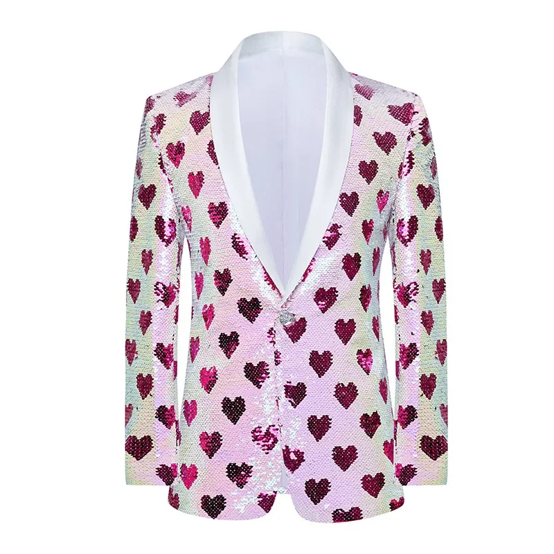 

Shining Heart Pattern Double Side Sequin Tuxedo Blazer Men's Shawl Lapel Party Wedding Groom Suit Jacket Singer Stage Costume