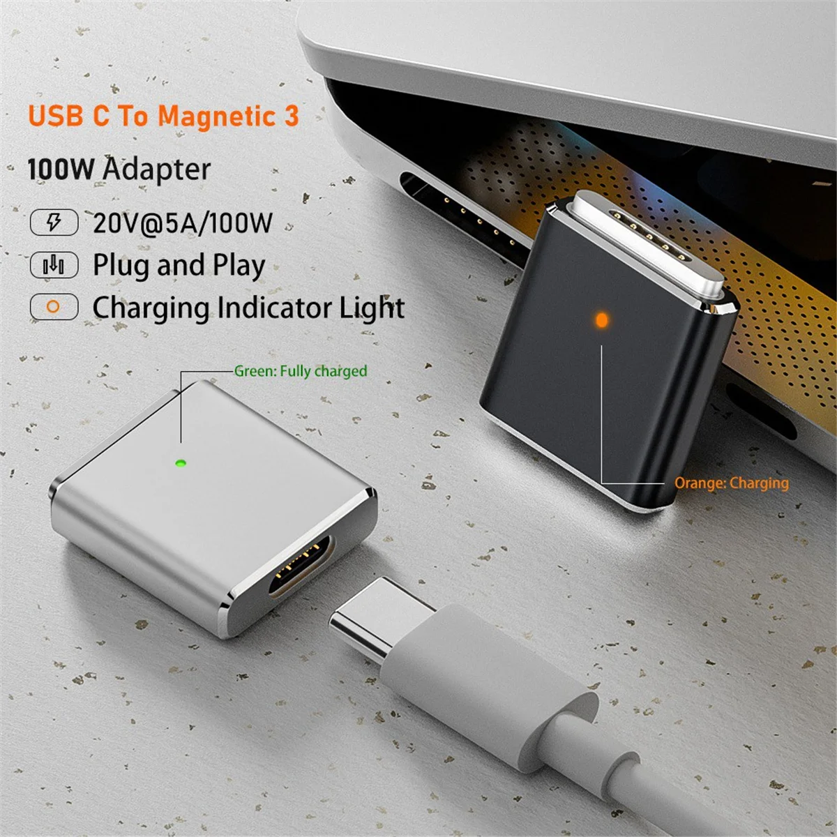 Replaceable for Magsafe3 Adapter Type-C Female to 5pin High Power Output 100w Adapter with Led for /Pro Black