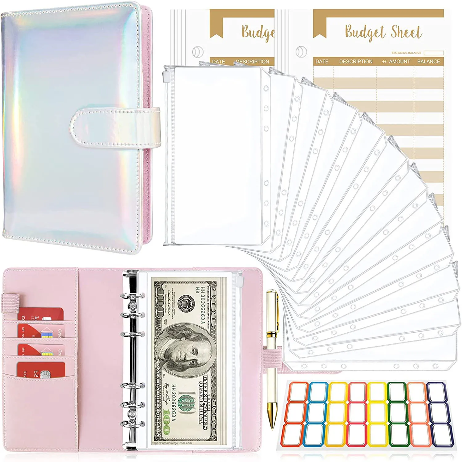 

A6 PU Leather Binder, 26pcs Refillable 6 Ring Notebook Cover with Clear Zipper Pockets,Budgeting Cash Envelopes Saving Organizer